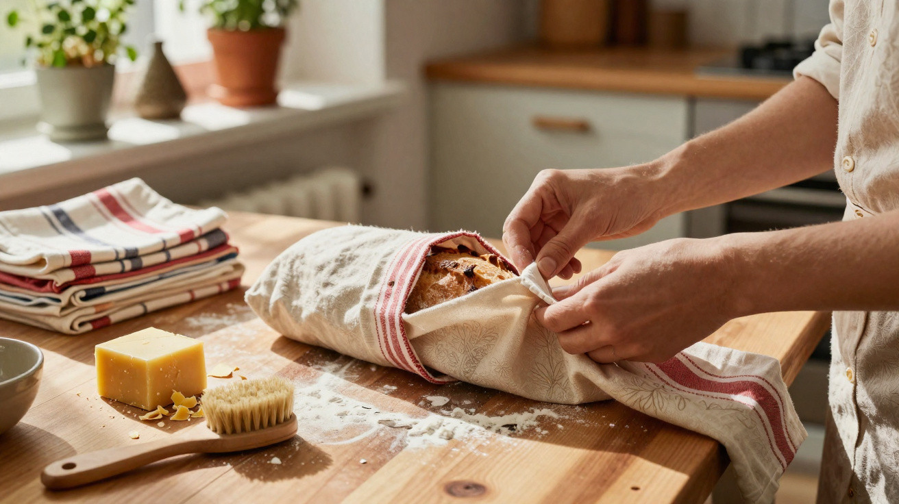 Hands wrapping freshly baked bread in a tea towel on a wooden kitchen table with butter and a brush nearby.