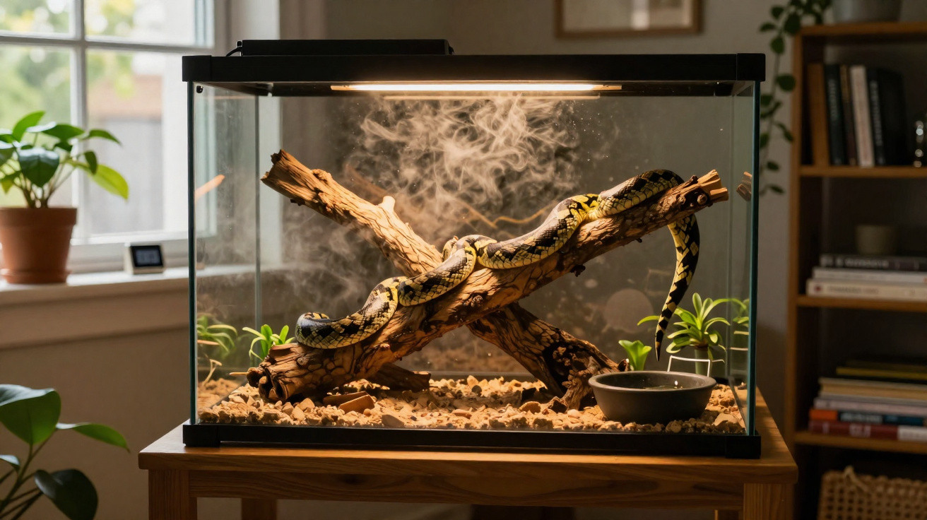 Terrarium with a coiled snake on a large branch, plants, water bowl, and mist inside a wooden room.