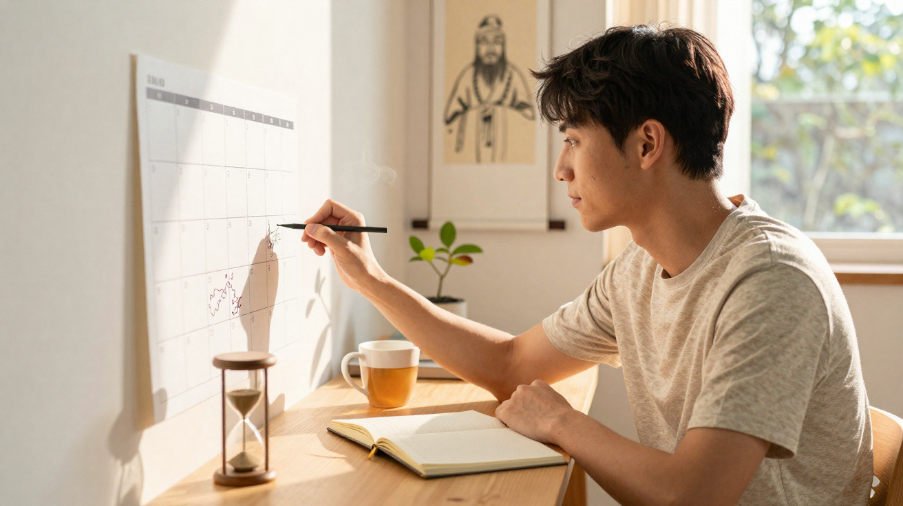 Young man marking dates on a wall calendar at a sunlit desk with notebook, plant, cup, and hourglass.