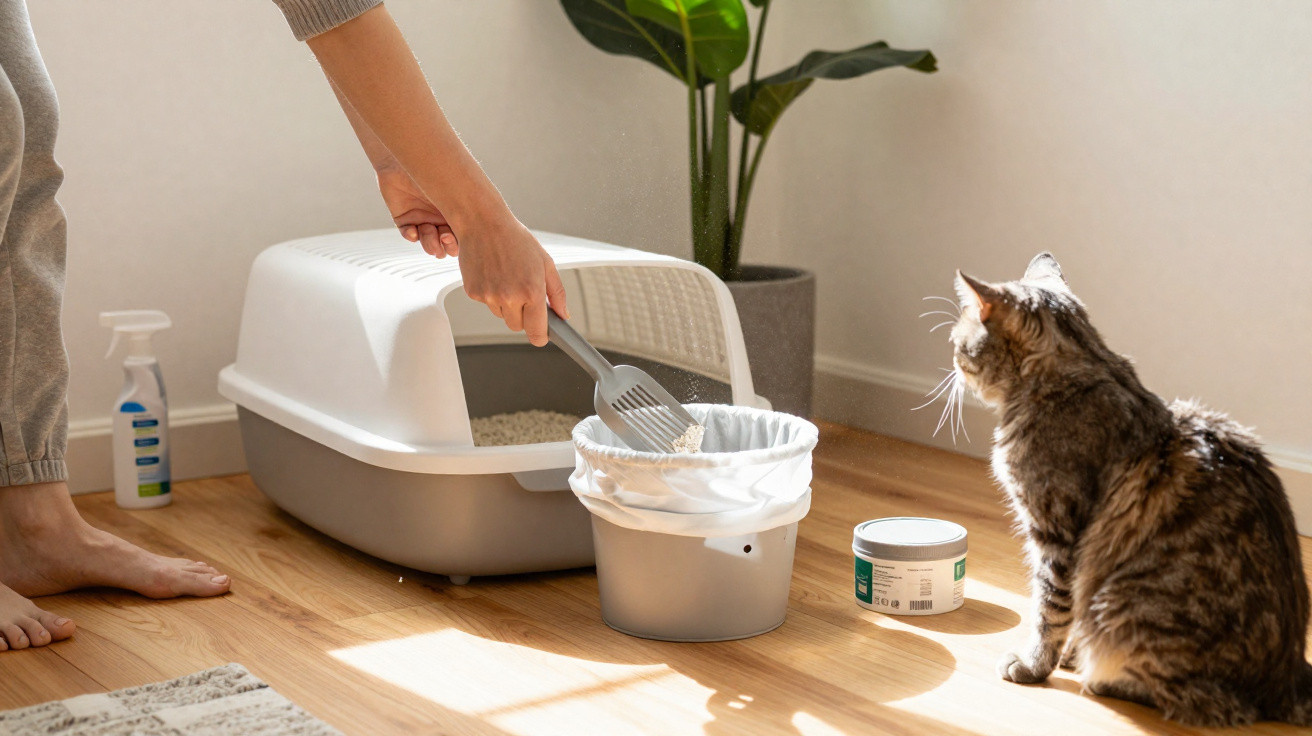 Person cleaning a covered cat litter tray with a cat sitting nearby on a wooden floor.