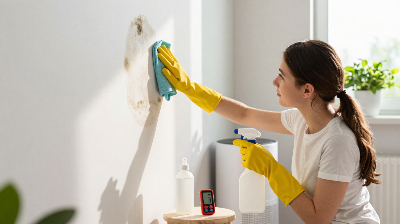 Woman wearing yellow gloves cleaning mould from a wall with a spray bottle and cloth in a bright room