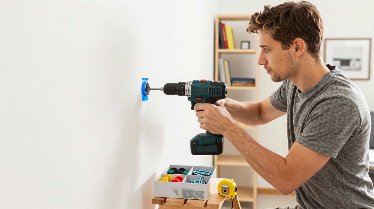 Man using a cordless drill to install a wall socket in a bright room with tools and a tape measure nearby