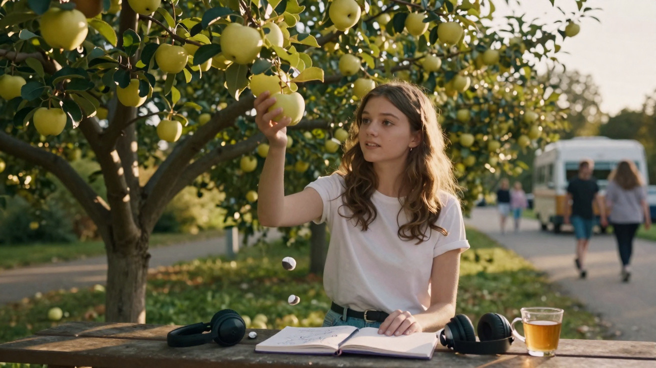 Young woman picking apple from tree while sitting at picnic table with book and headphones outdoors.