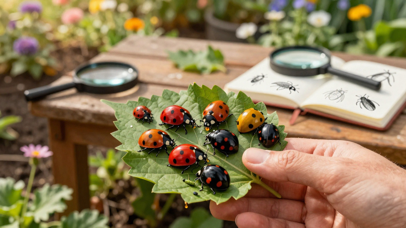 Hand holding a leaf with various coloured ladybirds, a magnifying glass and bug identification book on a wooden table outdoor