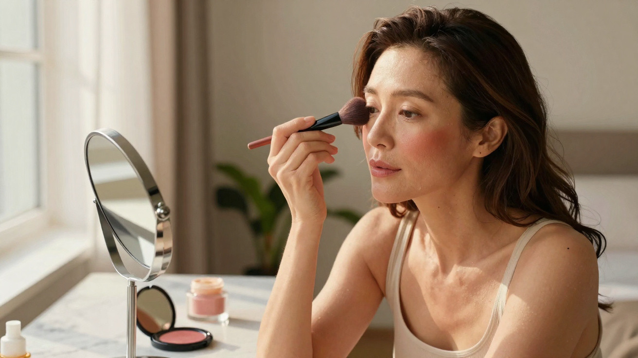 Woman applying blush with a makeup brush in front of a mirror on a bright vanity table.