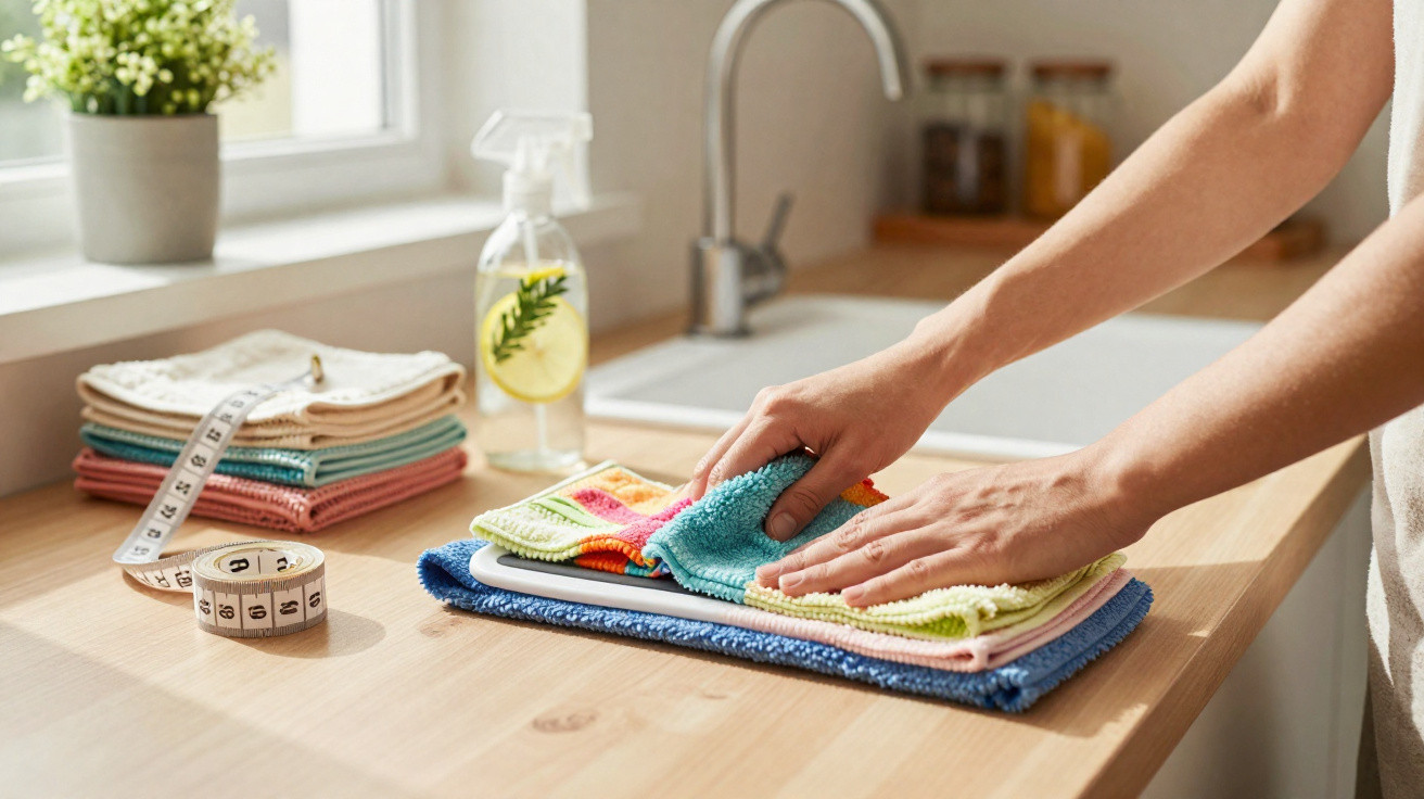 Hands folding colourful cleaning cloths on a wooden countertop near a kitchen sink and measuring tapes.