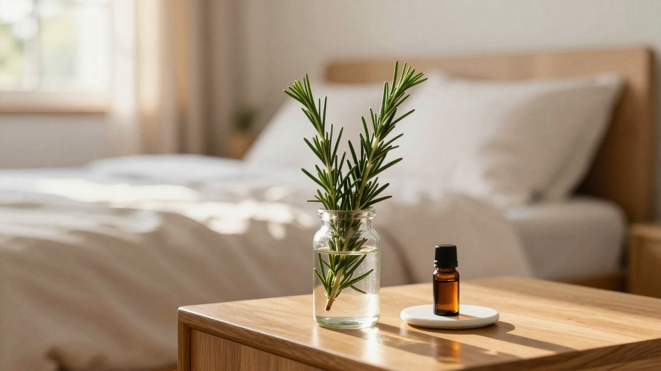 Small brown essential oil bottle and rosemary sprig in glass jar on wooden bedside table with bed in background