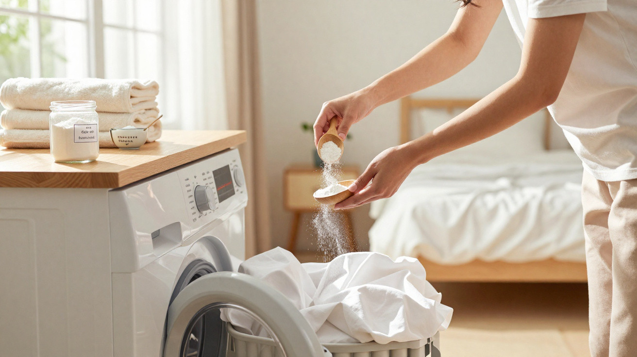 Person pouring laundry detergent into a washing machine filled with white clothes in a bright bedroom.