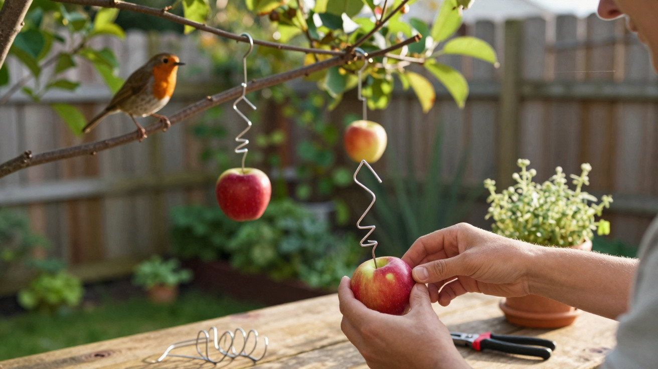 Hands attaching an apple to a wire hanger on a tree branch with a robin bird nearby in a garden setting.