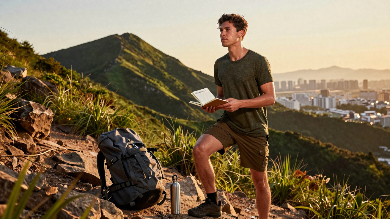 Man standing on rocky hill reading a book with a backpack and water bottle nearby at sunset.