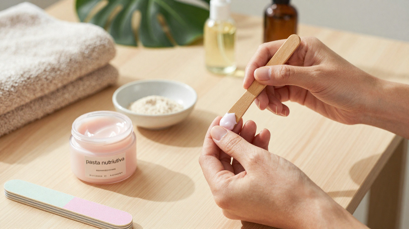 Hands holding a wooden spatula with cream, jar of nourishing paste, towel, bowl, and nail files on a wooden table.