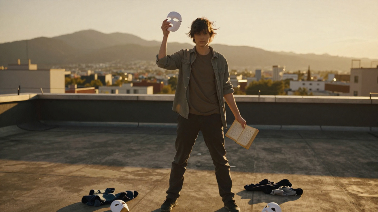 Young person stands on rooftop at sunset holding a white mask and an open book, with masks and clothes on the ground.