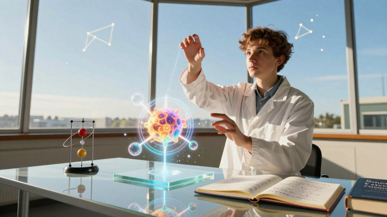 Young scientist in a lab coat interacting with a glowing atomic model hologram in a bright study room.