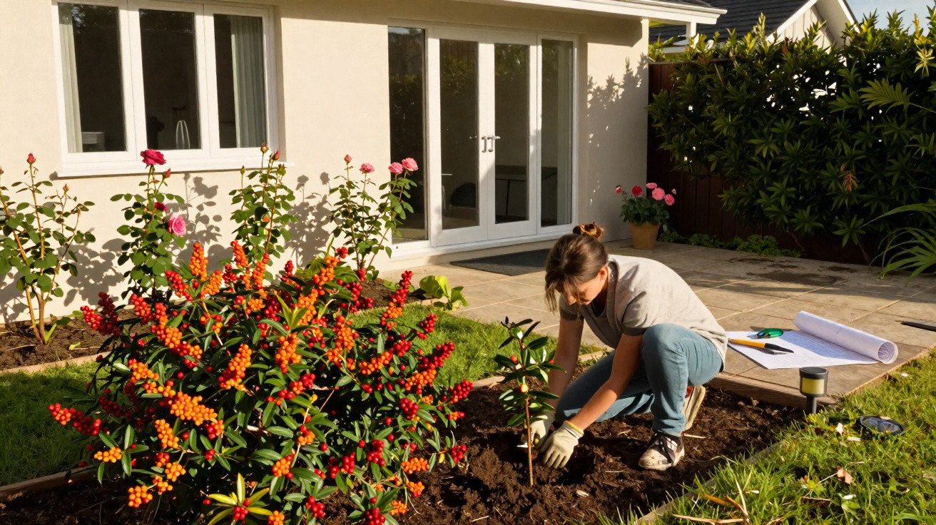 Person planting a small tree in a garden bed outside a house with blossoming flowers and gardening tools nearby.