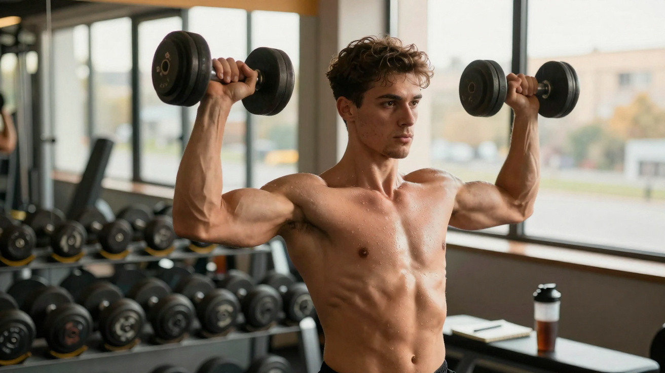Young muscular man lifting dumbbells for shoulder workout in gym with large windows in background