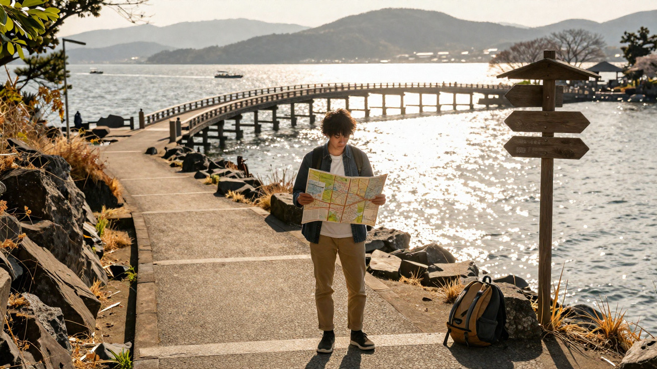 Person standing on a lakeside path holding a map near a curved wooden bridge and a signpost at sunset.