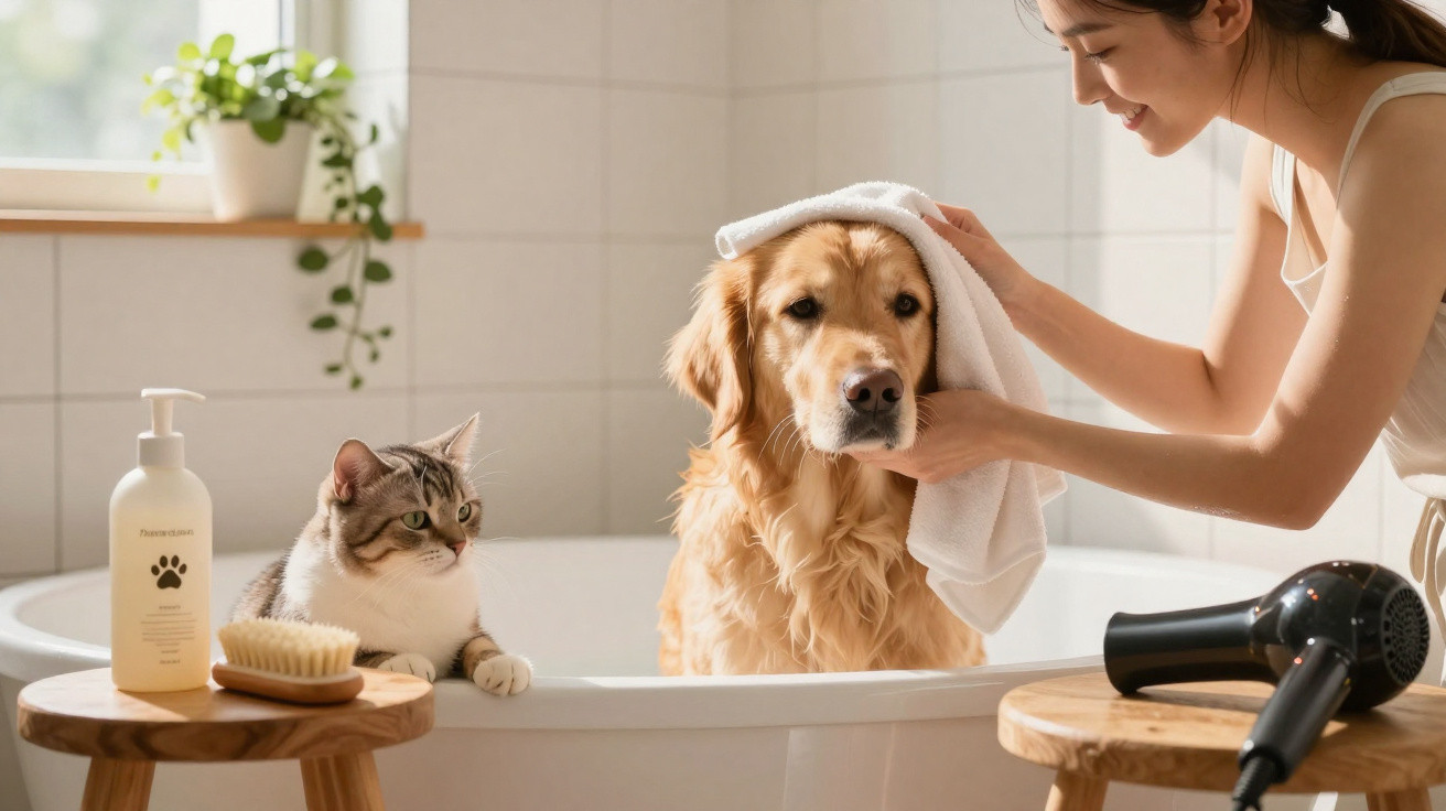 Woman drying golden retriever with towel in bathroom while tabby cat watches from bathtub edge