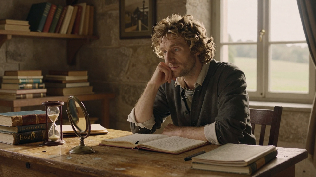 Man with curly hair sitting at a wooden desk reading a book in a room with books and a window.