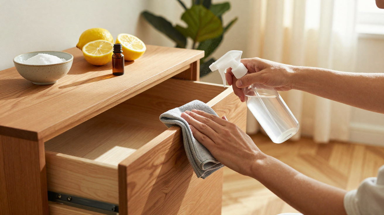 Person cleaning wooden drawer with spray bottle and cloth next to lemons, essential oil, and bowl of salt.