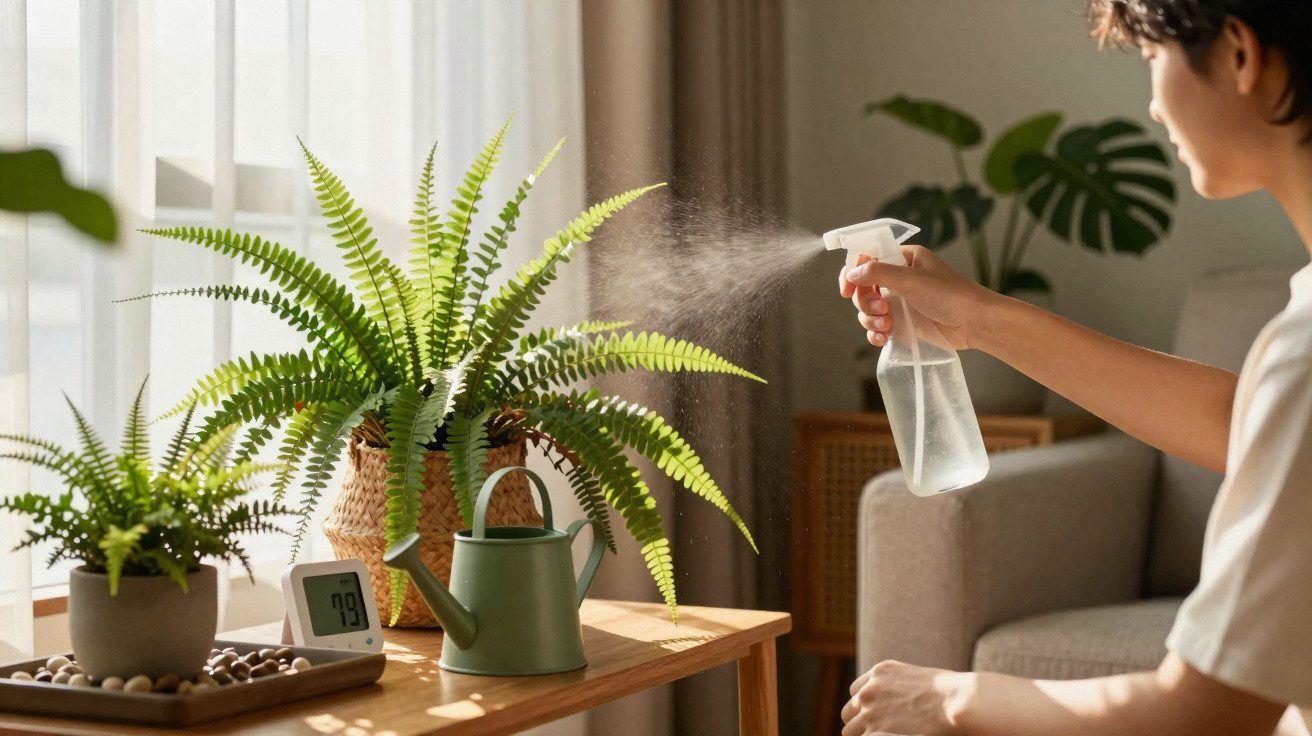 Person spraying water mist on indoor fern plants placed on a wooden table near a sunlit window.
