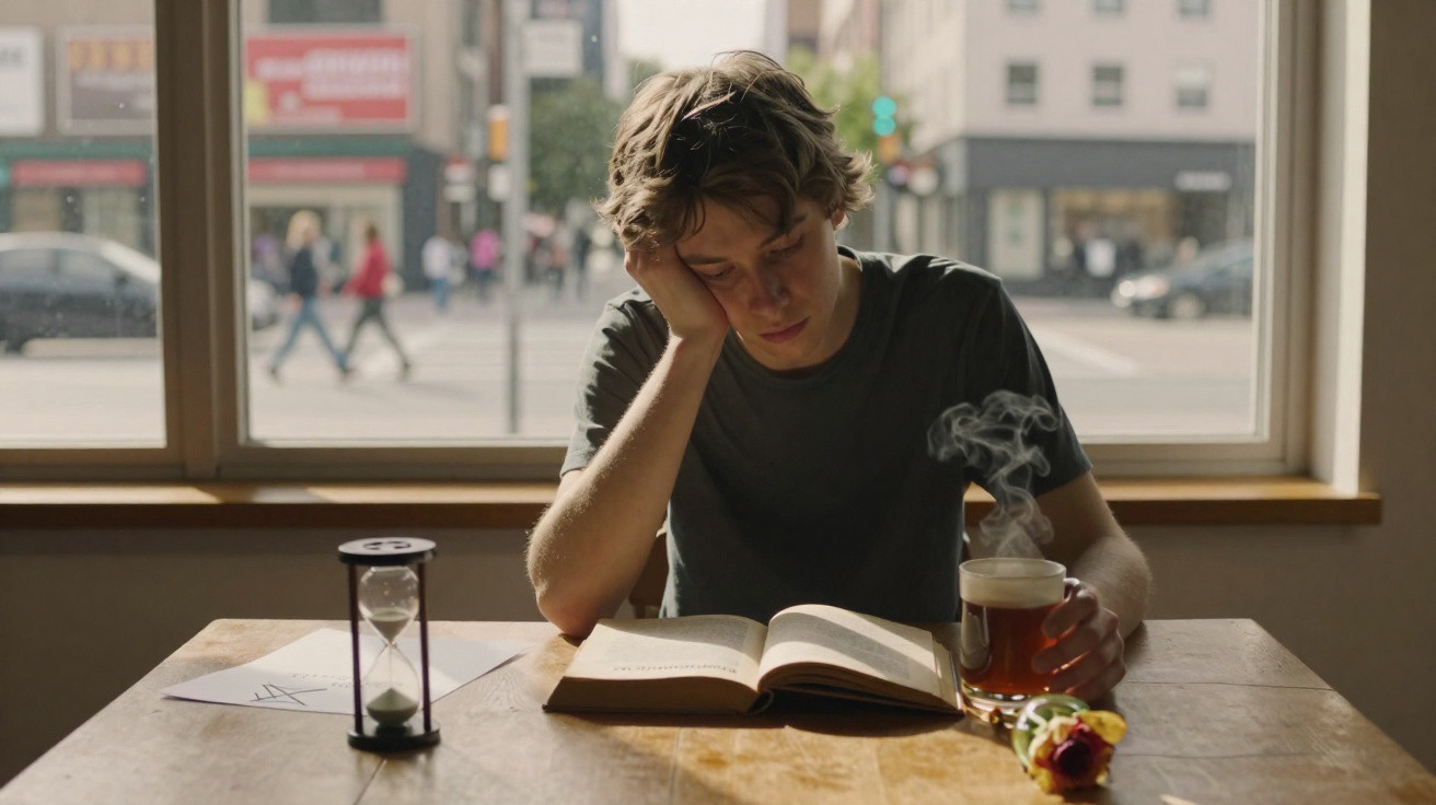 Young man reads a book at a wooden table holding a steaming cup of tea with a rose and hourglass nearby.