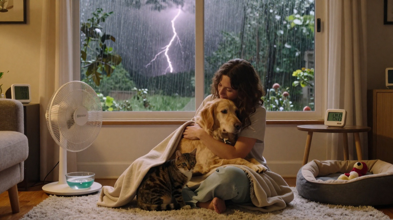 Woman cuddling a golden retriever and a tabby cat indoors during a thunderstorm visible outside the window.