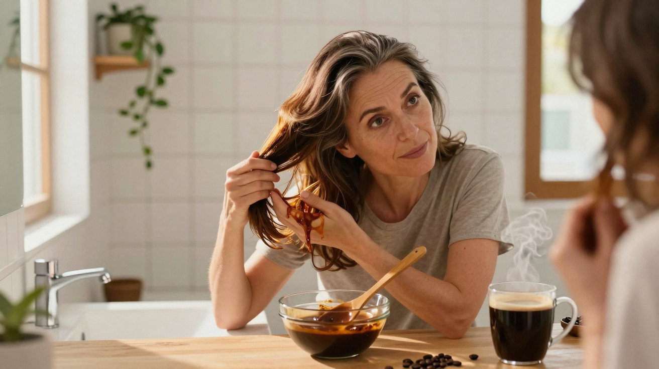 Woman applying a coffee hair mask in front of a bathroom mirror with a steaming cup of coffee nearby.