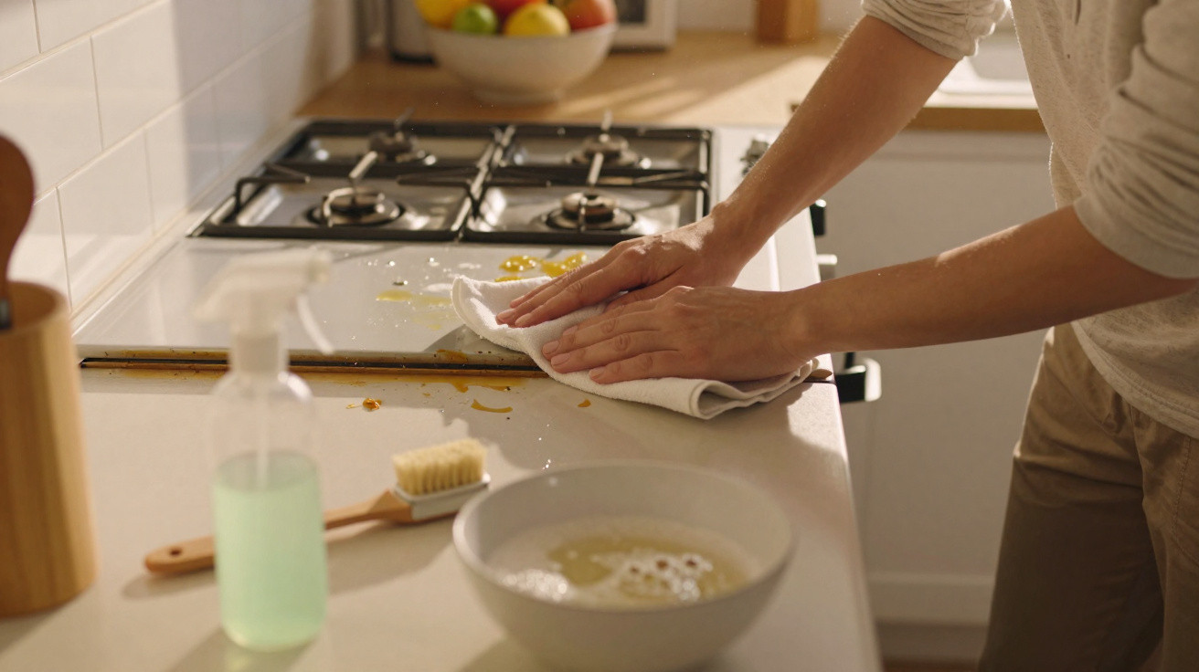 Person cleaning a dirty kitchen stove with a cloth and cleaning supplies on the counter nearby.