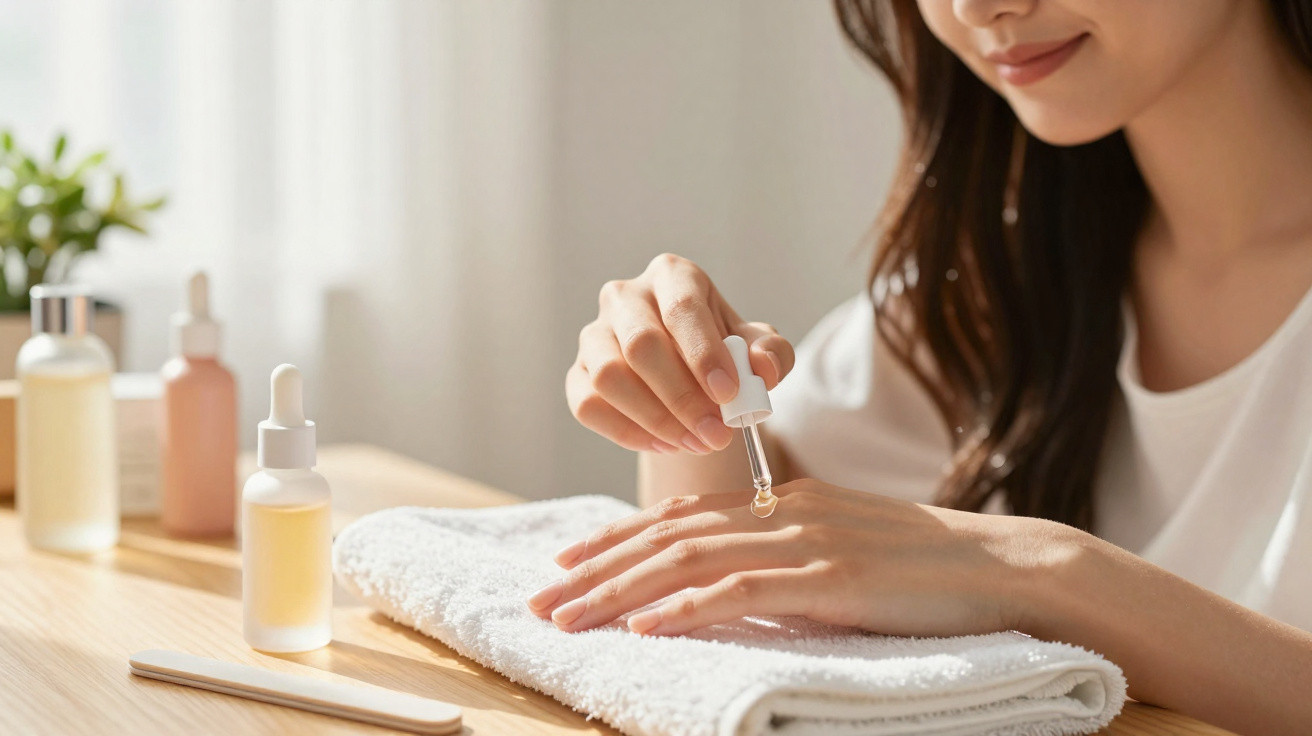 Woman applying facial serum on hand using a dropper with skincare bottles and towel on wooden table