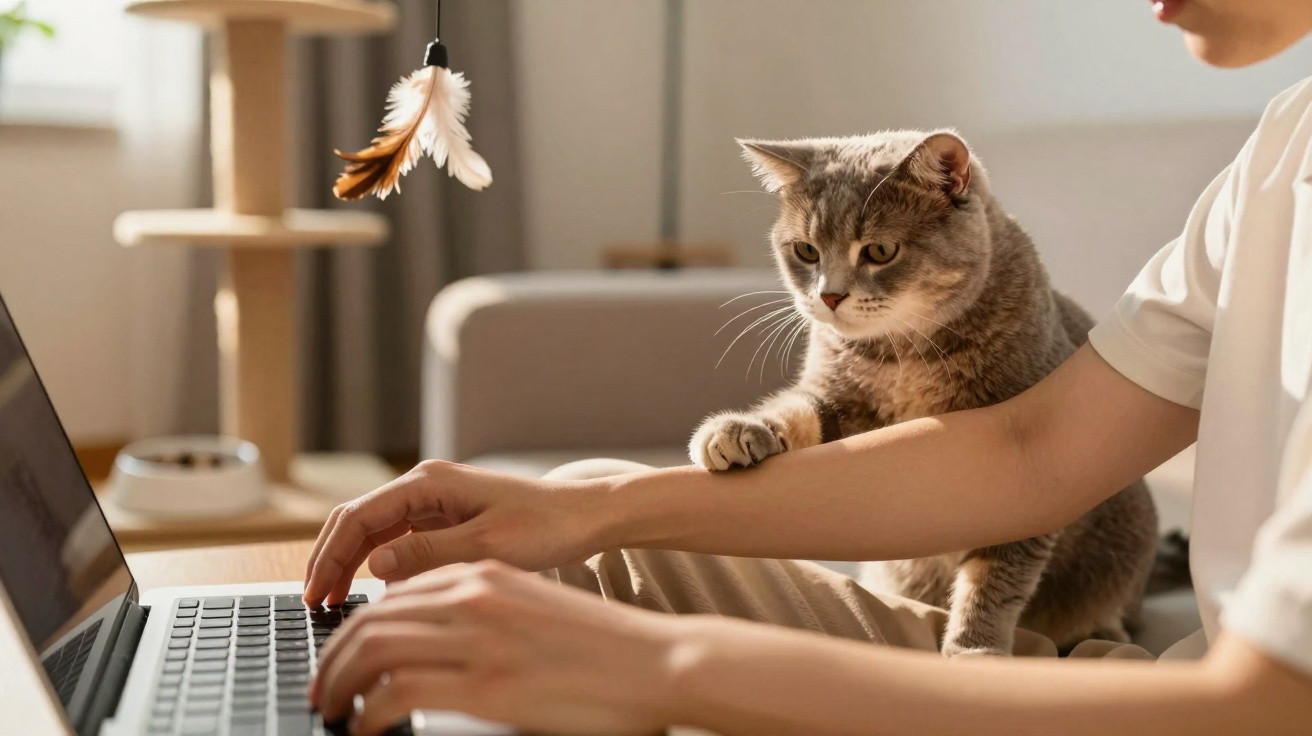 Grey tabby cat resting its paw on a person's arm while they type on a laptop in a living room.