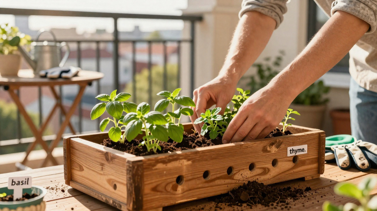 Person planting herbs in a wooden planter labeled thyme on a sunny balcony with gardening tools nearby.
