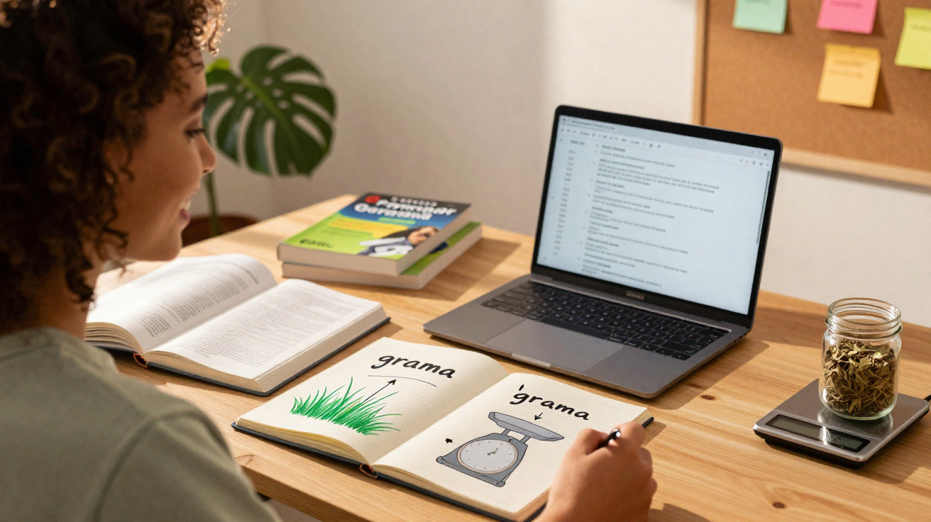 Person studying at desk with open book, laptop, notebook showing drawings of grass and a scale, and a jar of herbs.