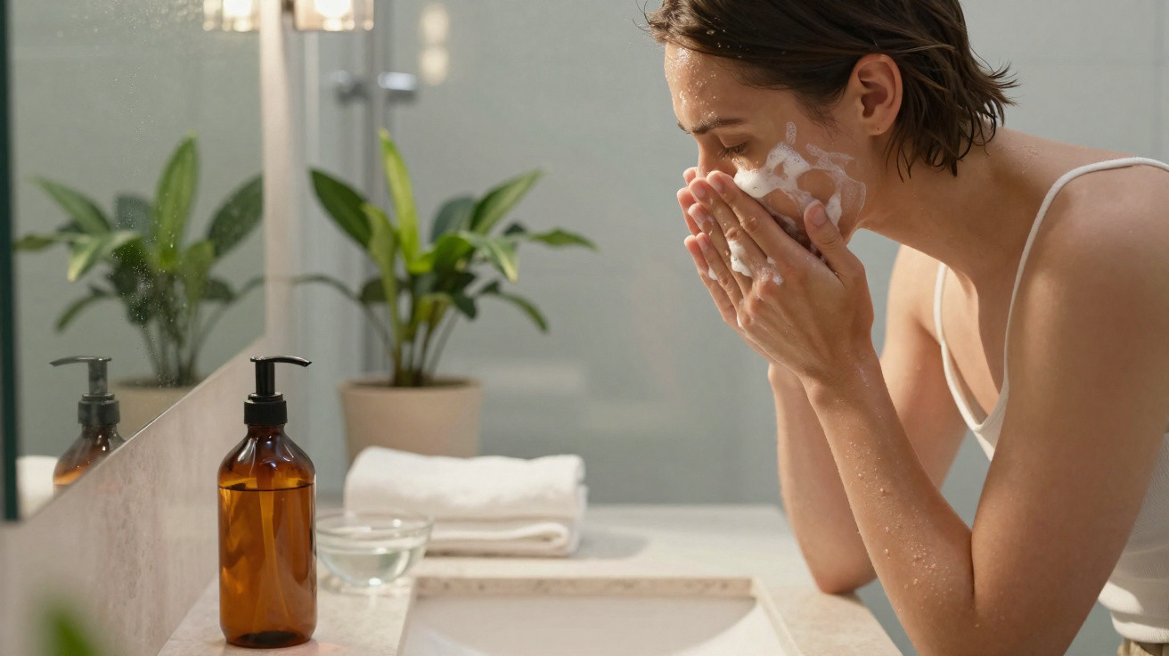 Woman washing her face with foam at a bathroom sink beside a plant and a soap dispenser.