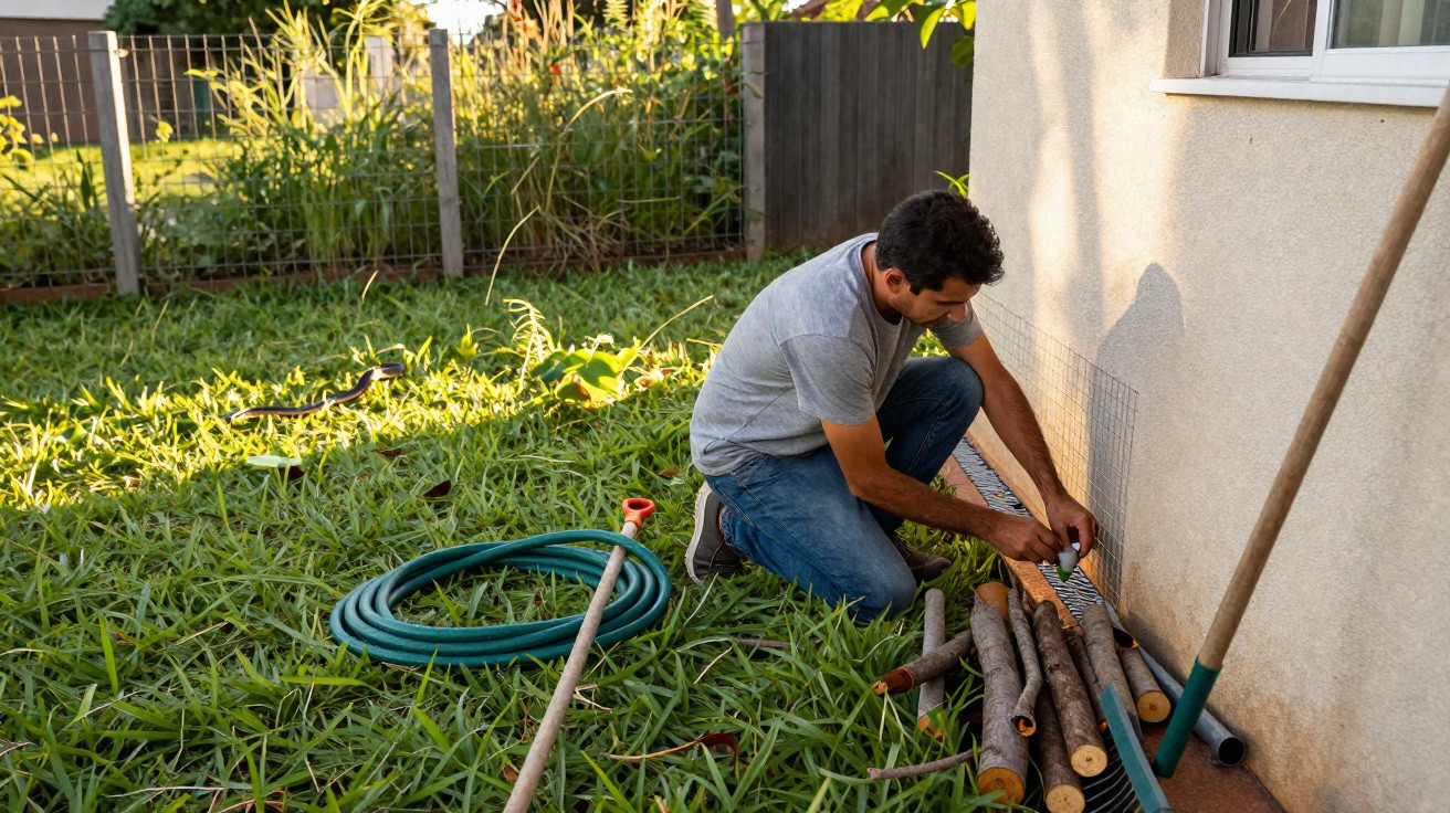Man kneeling in grass fixing wire mesh to house exterior next to stacked logs with garden tools nearby.