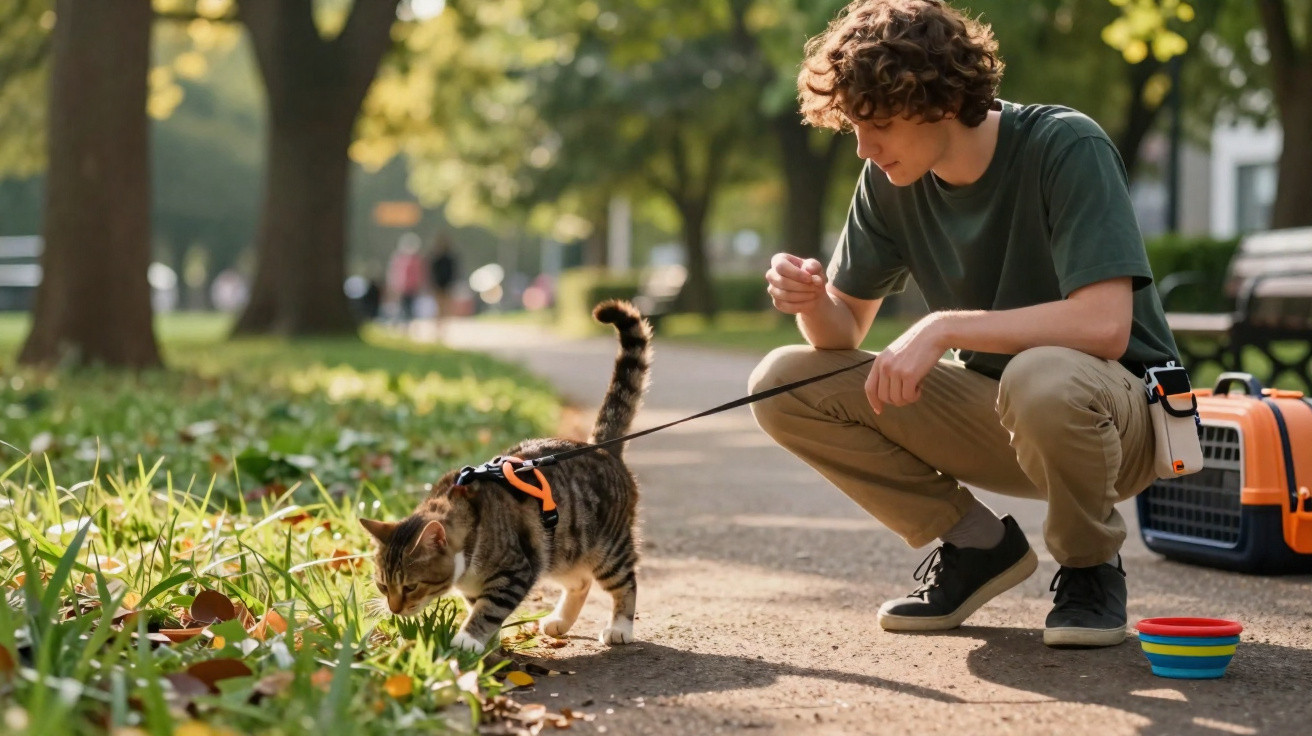 Young man crouching to walk a tabby cat on a harness along a park path on a sunny day.