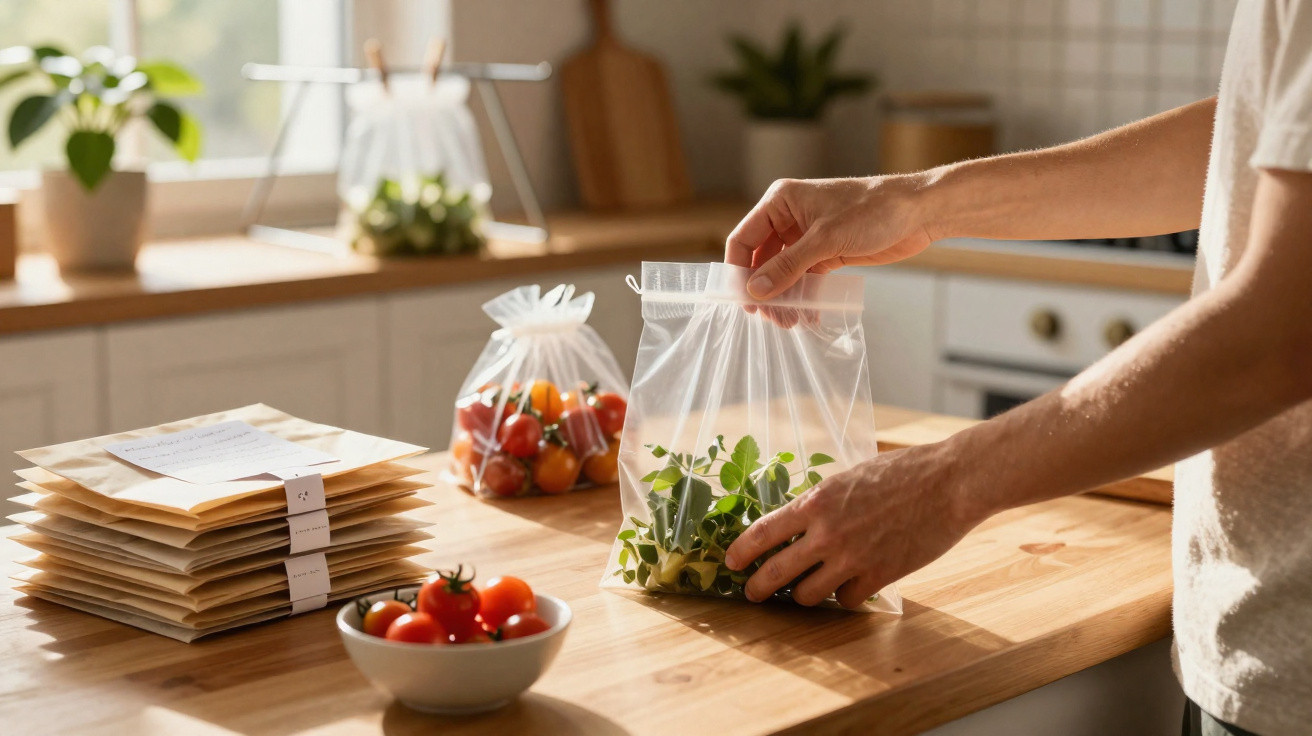 Person sealing a plastic bag of fresh vegetables on a wooden kitchen counter with tomatoes and packages nearby