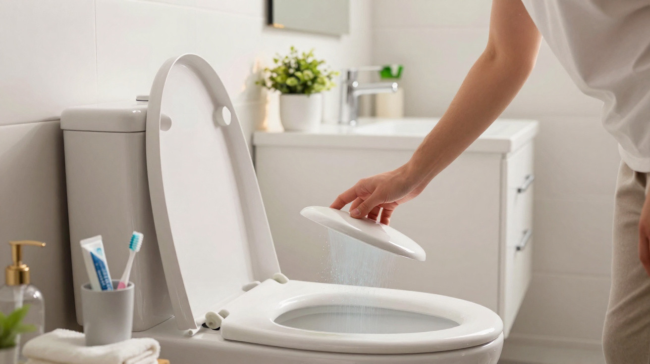 Person spraying cleaner inside a white toilet bowl in a bright bathroom with toiletries nearby.