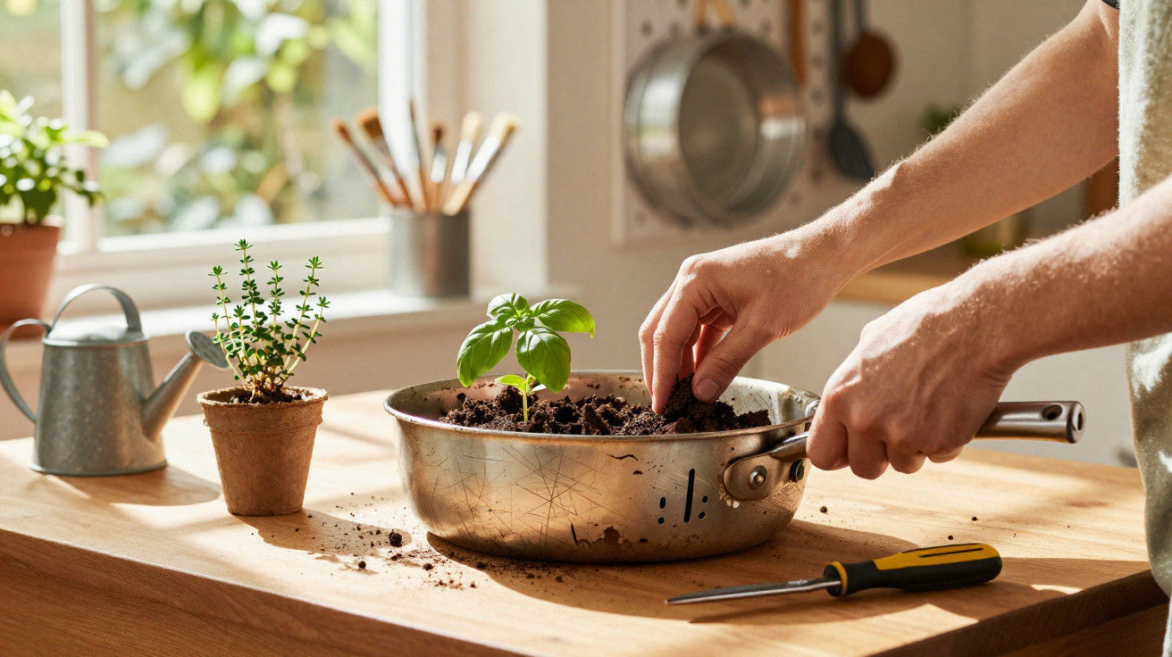 Person’s hands planting a seedling in soil inside a frying pan on a wooden kitchen counter.