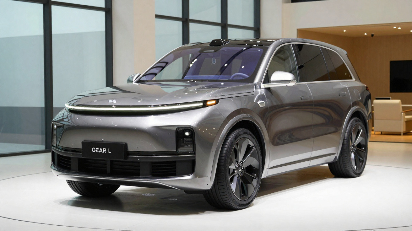 Silver electric SUV with sleek design and large wheels displayed indoors on white platform