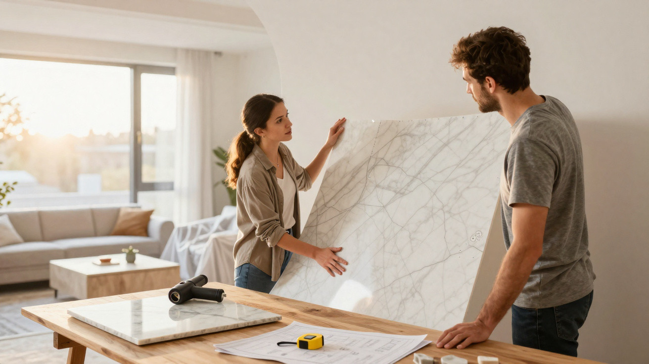 Couple examining a large marble slab in a sunlit living room with a wooden table and home plans.