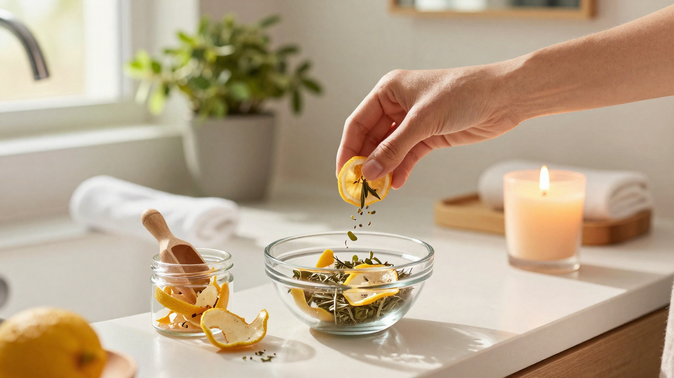 Hand sprinkling dried lemon slices and herbs into a glass bowl on a white kitchen countertop with a lit candle.