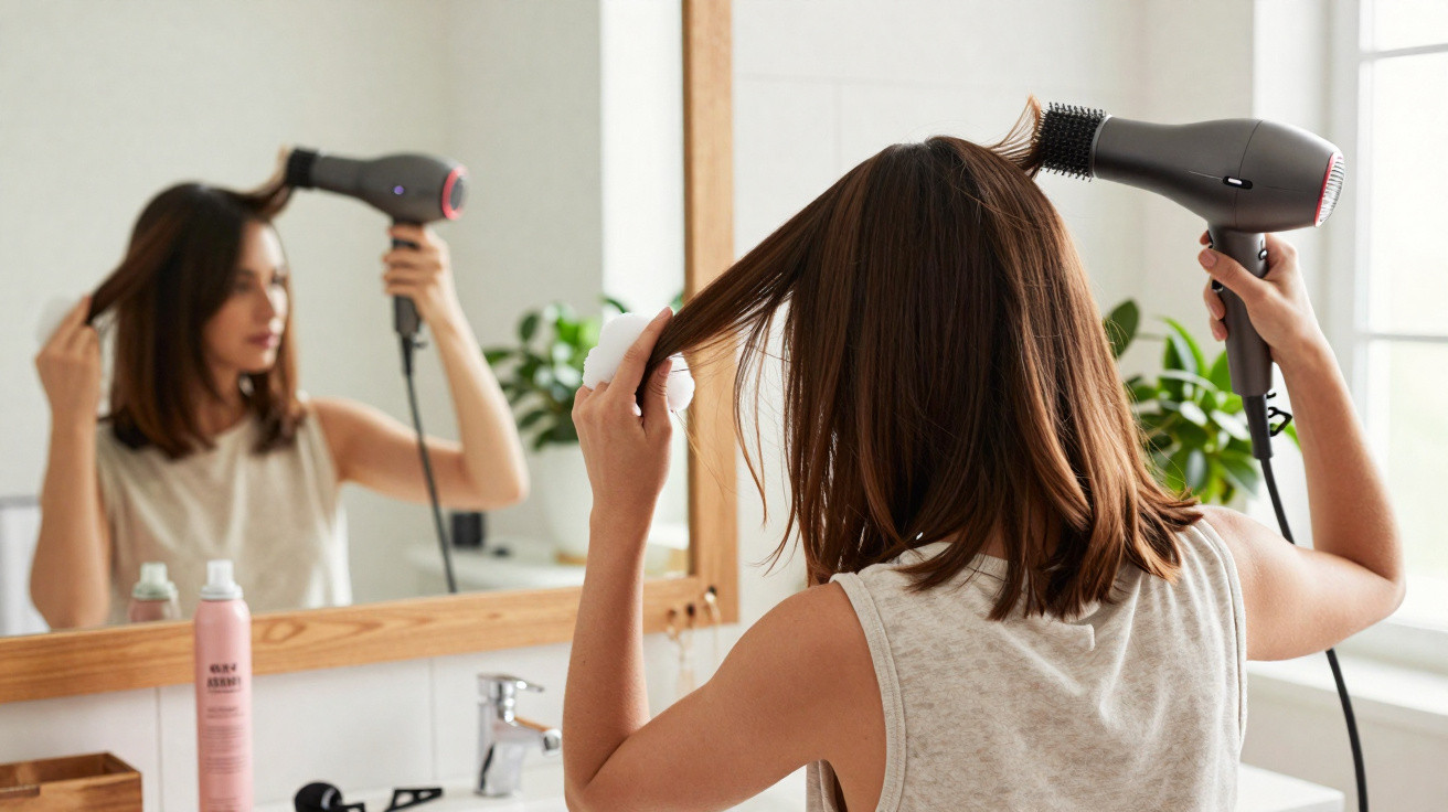 Woman drying her medium-length brown hair with a round brush and hairdryer in front of a bathroom mirror.