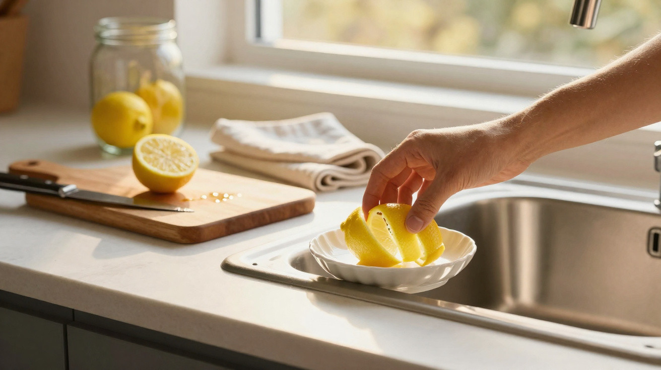Hand squeezing lemon wedges over a white juicer on a kitchen sink countertop with a cutting board nearby.
