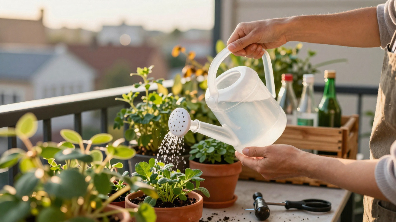 Person watering green plants in terracotta pots on a balcony garden during daylight hours.