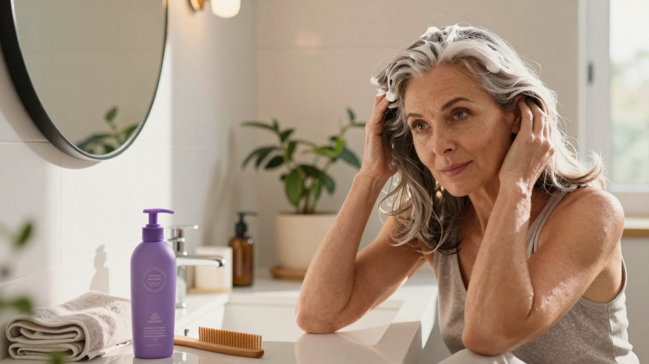 Older woman with grey hair checking her hair in a bathroom mirror with toiletries visible on the counter.