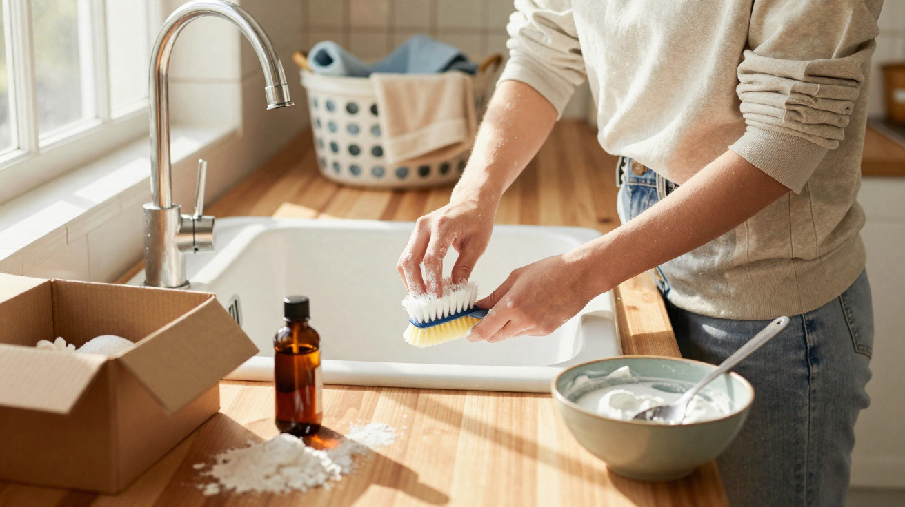 Person scrubbing a brush by a kitchen sink with cleaning supplies and a bowl of paste nearby.