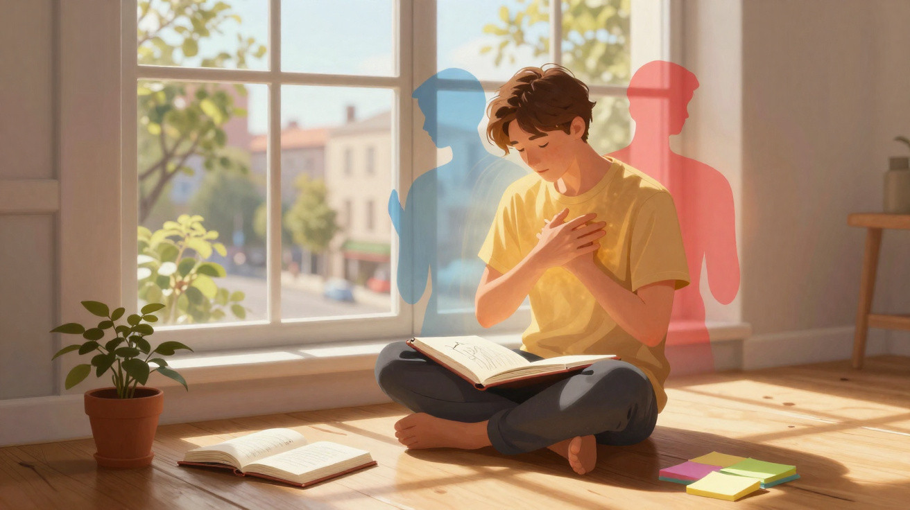 Young person sitting cross-legged by a sunlit window, reading a book with coloured silhouettes behind them.