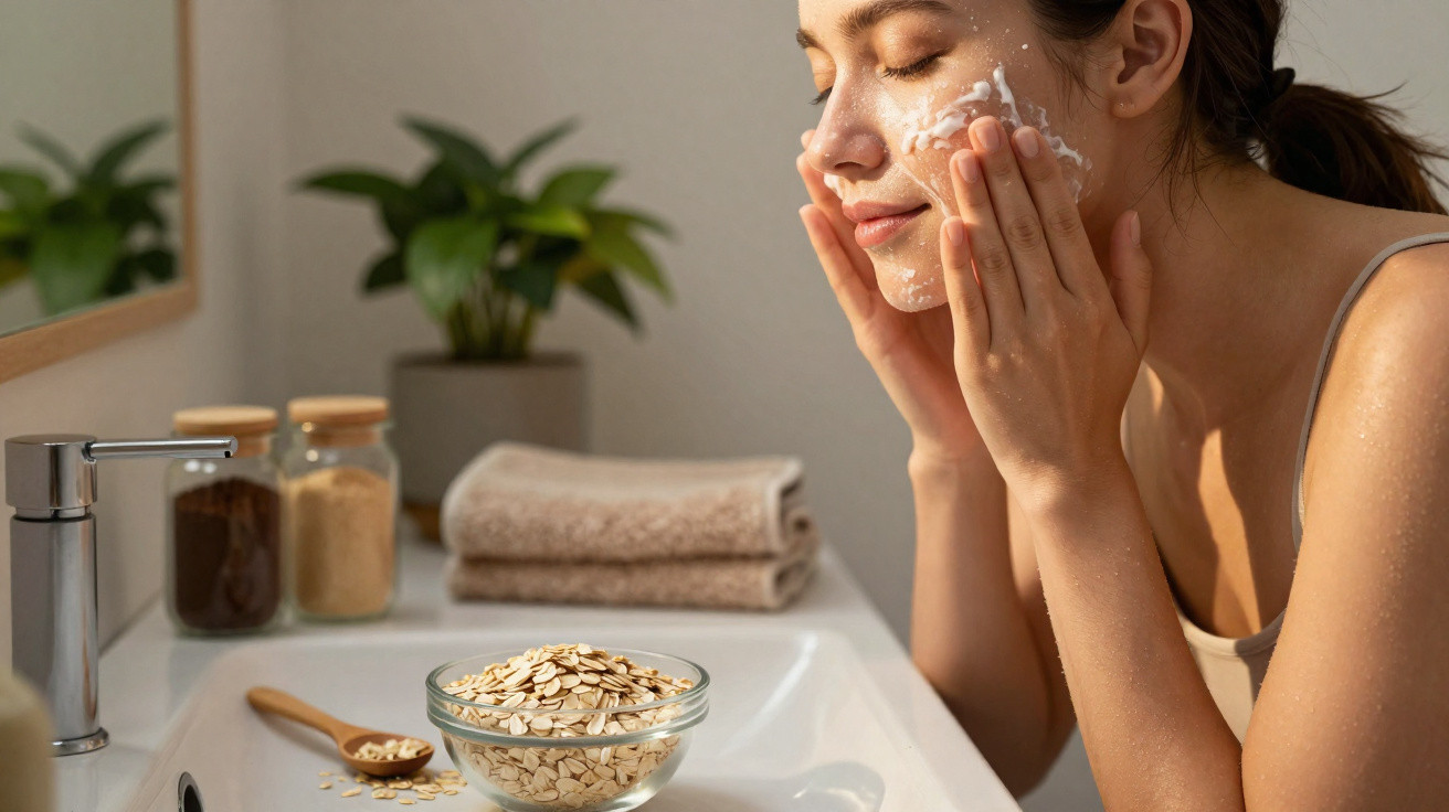 Woman gently applying oatmeal face scrub in a bright bathroom with plants and towels nearby.