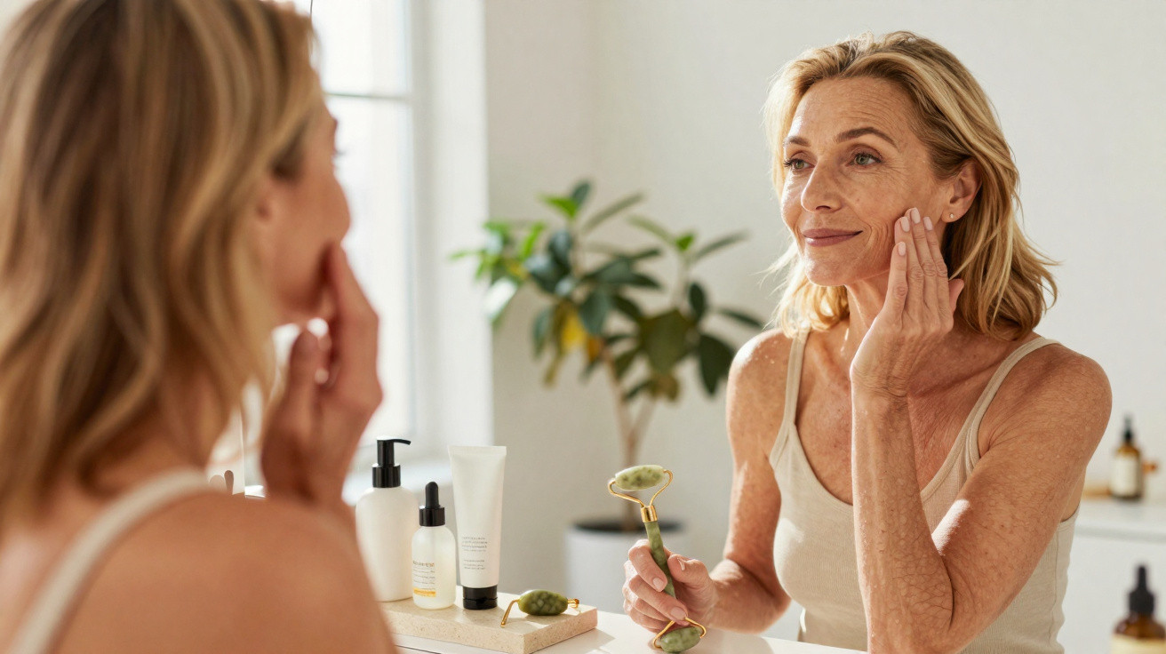 Middle-aged woman using a jade roller and touching her face in front of a bathroom mirror.