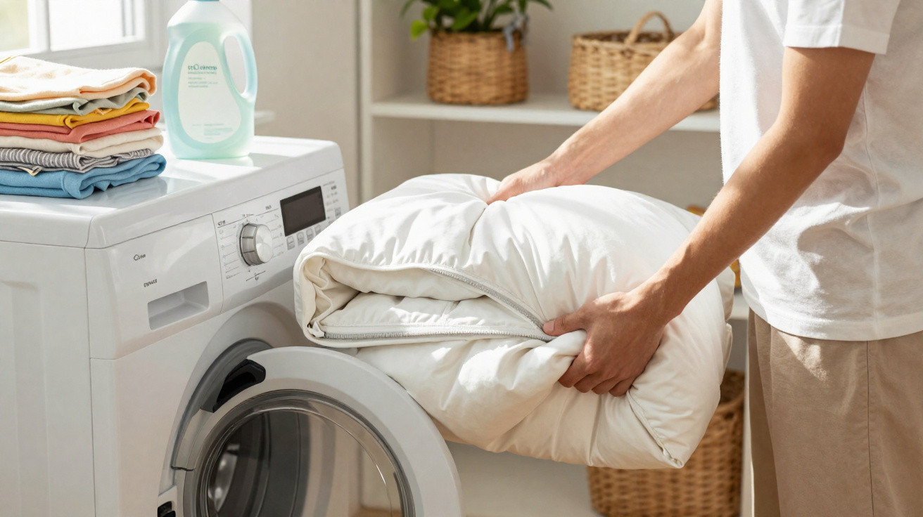 Person loading a white duvet into a front-loading washing machine in a bright laundry room.